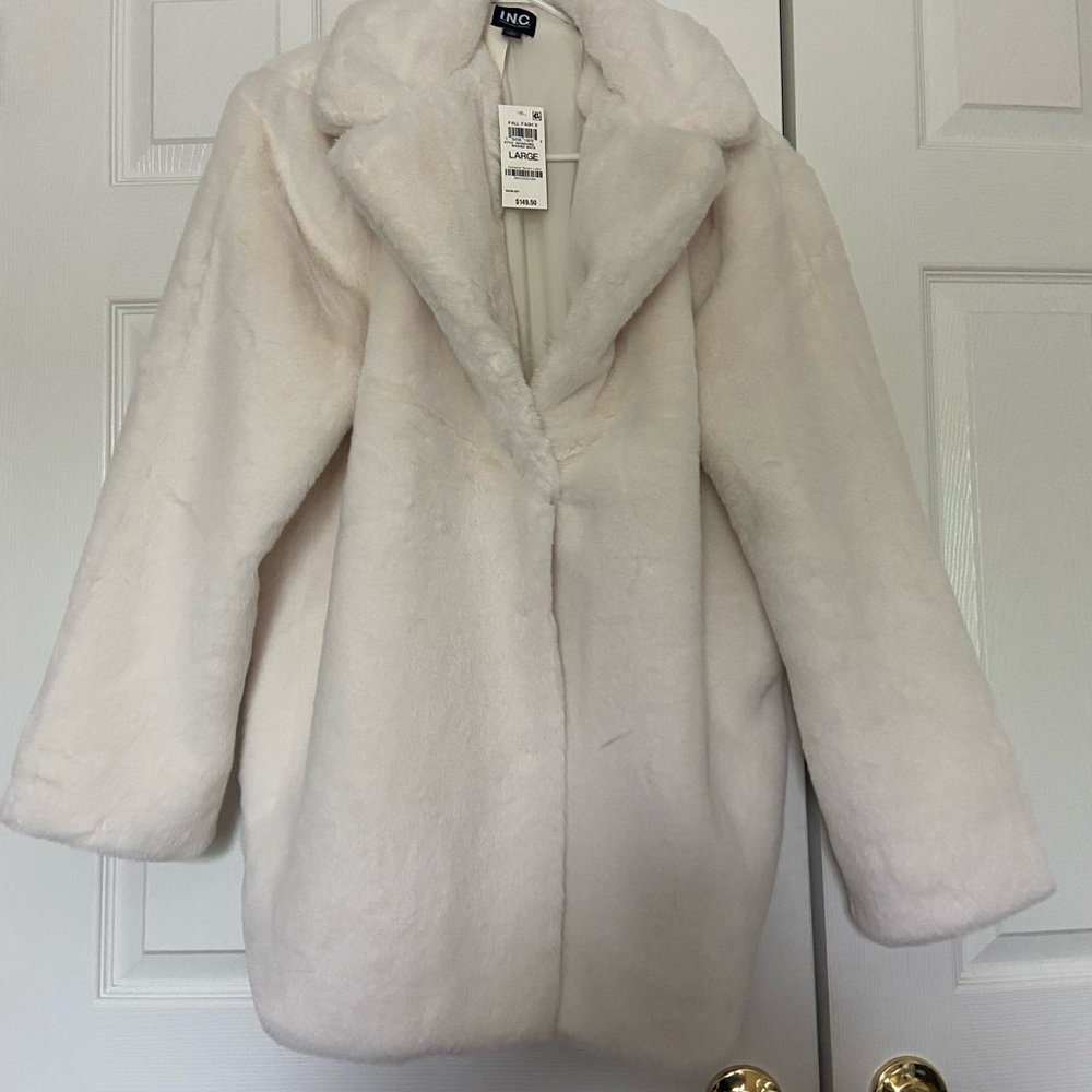 INC International Concepts Women's Cream Faux Fur Coat